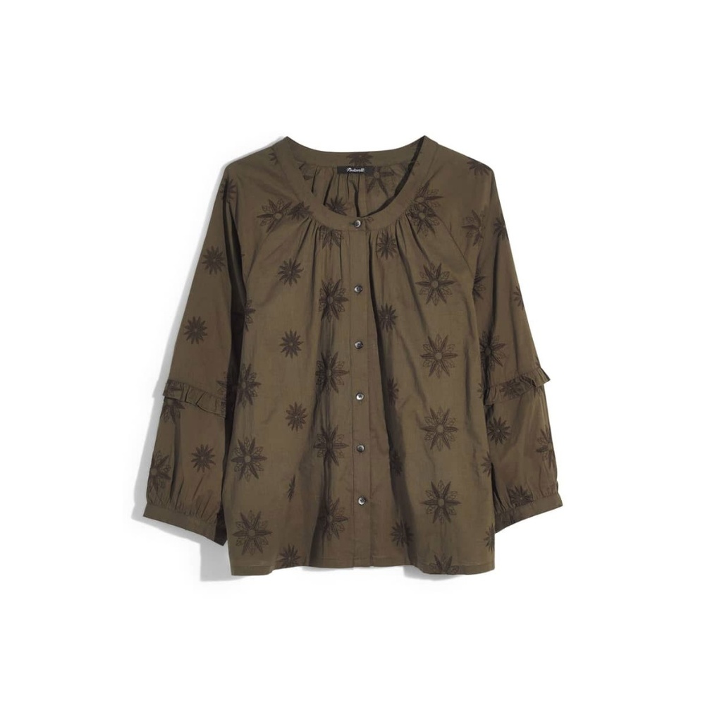 NEW Madewell olive embroidered bubble sleeve shirt